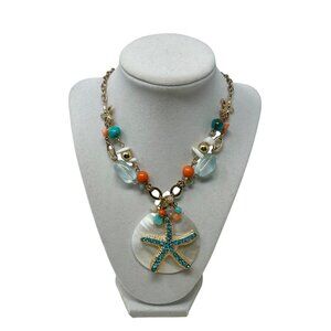 Starfish Pendant Beaded Necklace With Seashell & Turquoise Accents